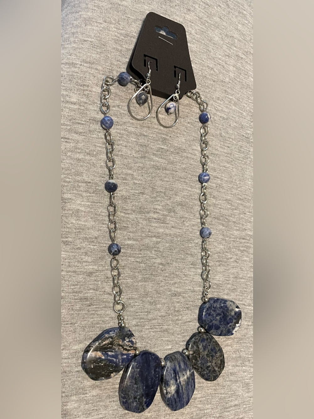 Blue Sodalite Stone & Silver-Tone Chain Necklace & Earrings- Women's Jewelry